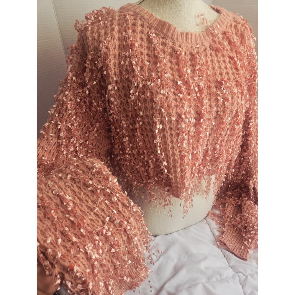 New Cider M Fringe Long Sleeve Sweater Peach Boho Indie Hippie Coastal Relaxed